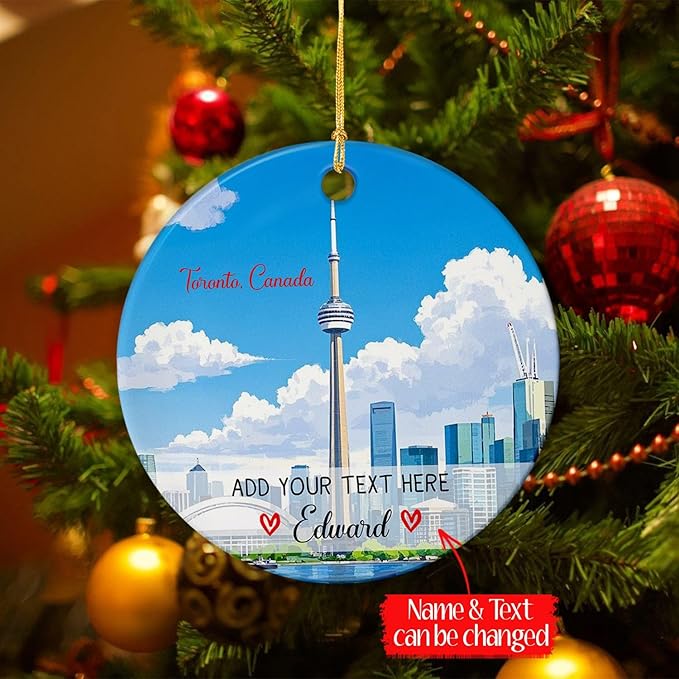 Customized Text/Name CN Tower Toronto Christmas Tree Ornament 2025, Personalized Toronto Ontario Canada Xmas Ceramic Ornament, Toronto City Skyline Travel Souvenir Keepsake Gifts for Family Friends