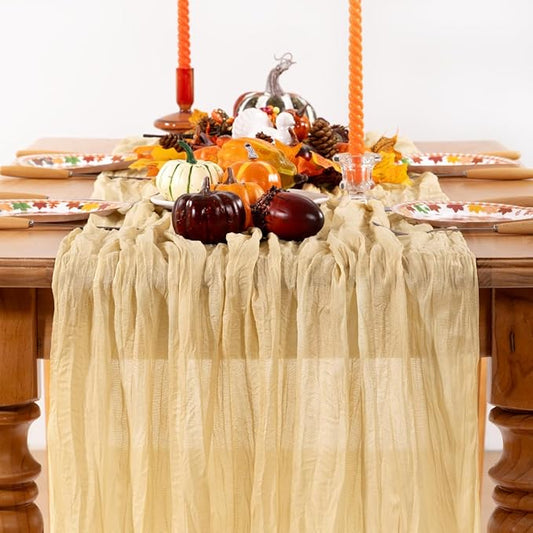Champagne Gold Cheesecloth Table Runner Fall Table Runner Boho Gauze 120 Inches Champagne Cheese Cloth Fall Table Decorations for Thanksgiving Wedding Bridal Baby Shower Parties