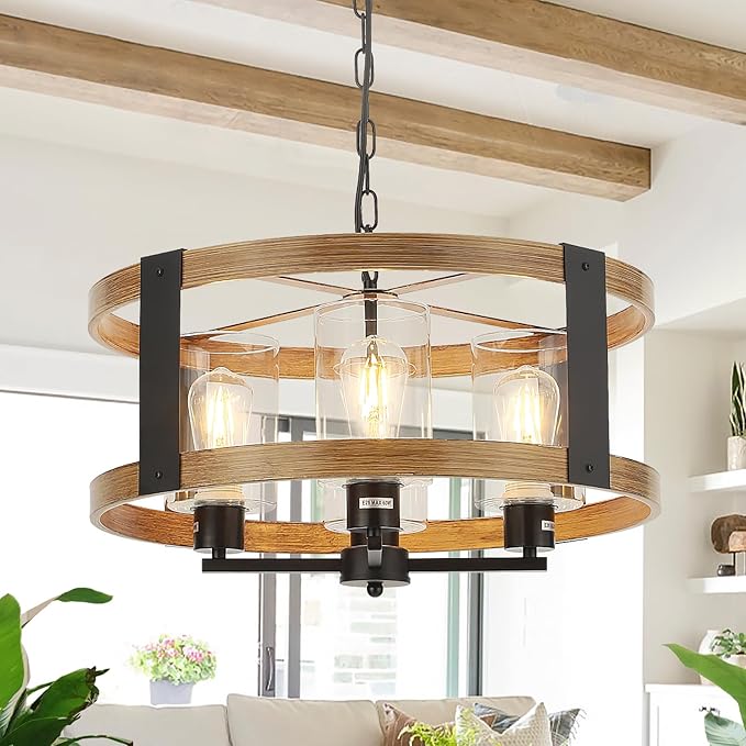 Farmhouse Chandelier, 20" Rustic Light Fixture with Glass Shade 4-Light Drum Lighting Fixtures Retro Pendant Lamp for Dining Room Foyer Living Room Entrance Kitchen Island Bedroom