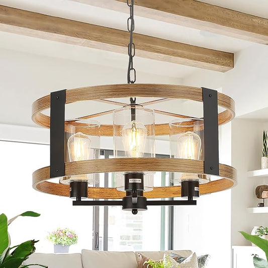 Farmhouse Chandelier, 20" Rustic Light Fixture with Glass Shade 4-Light Drum Lighting Fixtures Retro Pendant Lamp for Dining Room Foyer Living Room Entrance Kitchen Island Bedroom