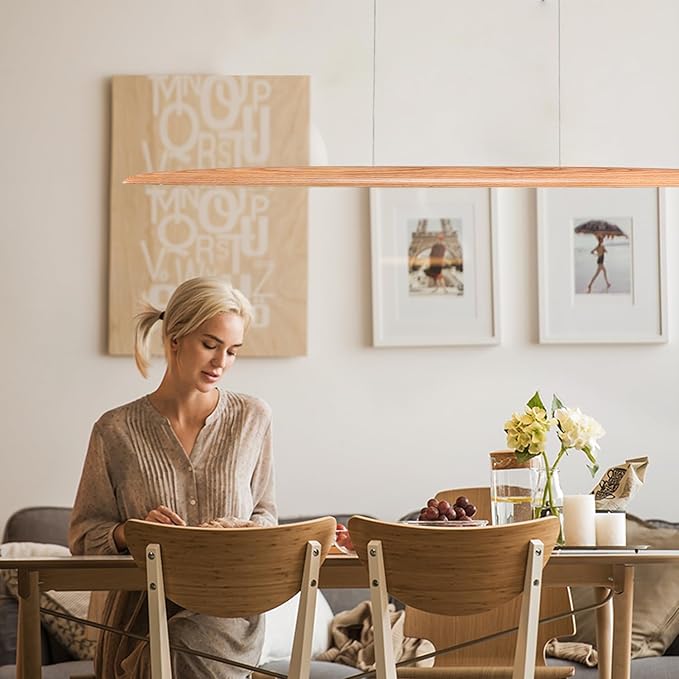 51" 36W Wood LED Linear Pendant Light Fixture Led Dining Room Light Dimmable Hanging Light Fixture for Dining Room Kitchen Island Pool Table Lights Natural Ash