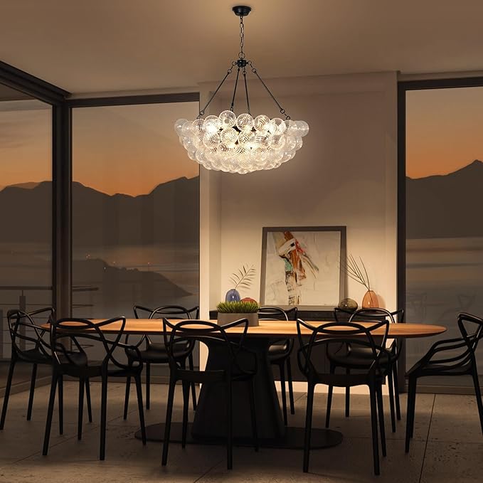 Modern Glass Bubble Globe Chandelier Lighting Luxury Hanging Black Pendant Light for Dining Room, Living Room, Entryway, Staircase, Dia 31.5 Inch