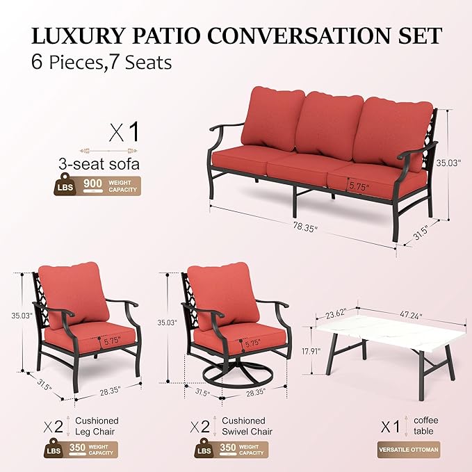 HERA'S HOUSE 6 Piece Patio Furniture Set, 2 x Swivel Chair, 2 x Fixed Chair, 1 x 3-Seat Sofa with Marbling Coffee Table, Outdoor Conversation Set for Lawn Garden Backyard, Red