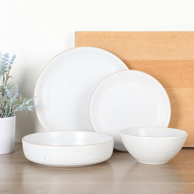 Gibson Home Dinah 16 Piece Double Bowl Stoneware Embossed Speckled Dinnerware Set - Matte White