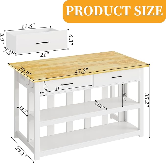 47.3" Solid Rubberwood Kitchen Island with Power Outlets - Extra Large Work Surface, 2 Drawers & Open Shelves Storage Cabinet for Kitchen Dining Room, Farmhouse Style (White)