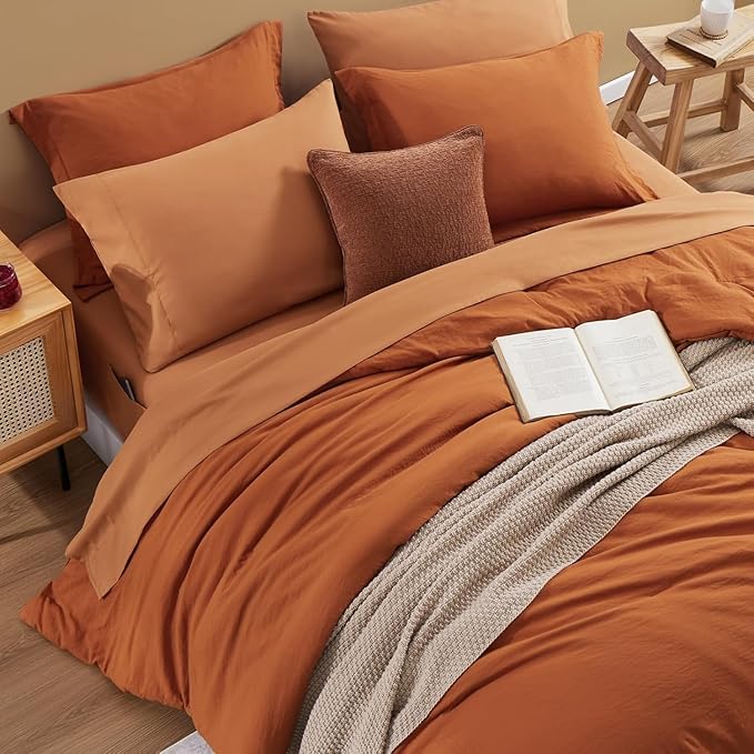 WRENSONGE Queen Comforter Set- 7 Pieces Soft Burnt Orange Bed in a Bag with Fitted Sheet, Flat Sheet, 2 Shams, and 2 Pillowcases-Warm Bed Sets Fall Comforter for All Seasons