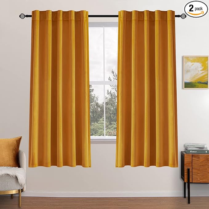 MIULEE Velvet Curtains 63 inch Length 2 Panels - Luxury Blackout Curtains for Bedroom Living Room Thermal Insulated Fall Decor Super Soft Window Drapes Rod Pocket & Back Tab, Mustard Yellow
