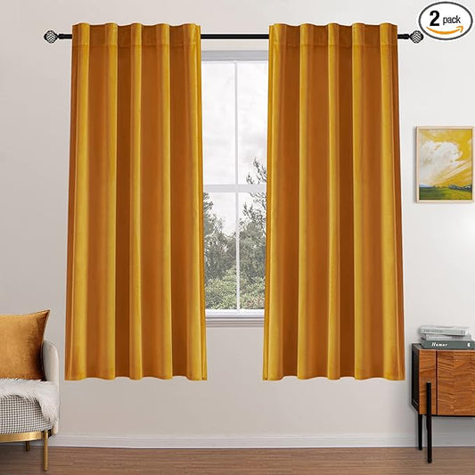 MIULEE Velvet Curtains 63 inch Length 2 Panels - Luxury Blackout Curtains for Bedroom Living Room Thermal Insulated Fall Decor Super Soft Window Drapes Rod Pocket & Back Tab, Mustard Yellow