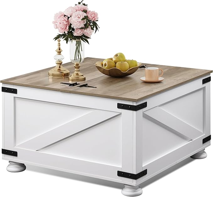 WLIVE Farmhouse Coffee Table, 31.5" Square Wood Center Table with Flip-Top Lids and Large Hidden Storage Compartment for Living Room, Bedroom, White