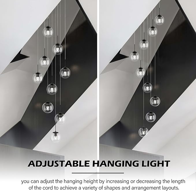 KoKo&Yukina 9-Light Globe Glass Pendant Light Adjustable Length Pendant Lights Fixtures Modern Black Clear Globe Glass Chandelier High Ceiling Lights Fixtures for Foyer Staircase (Bulb & Remote Incl)
