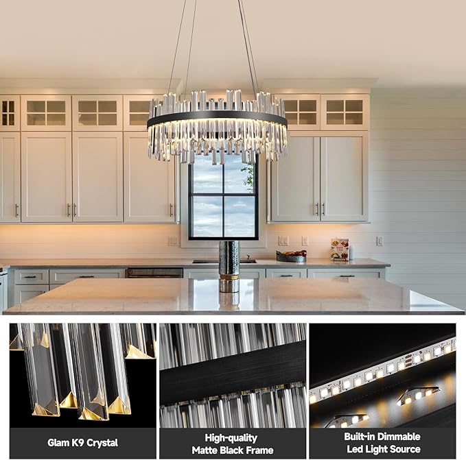 Black Led Modern Crystal Chandelier: 23.6" Round K9 Luxury Clear Crystals 3 Color Dimmable Contemporary Chandeliers for Dining Room Lights over Table - Adjustable Height Living Room Light with Remote