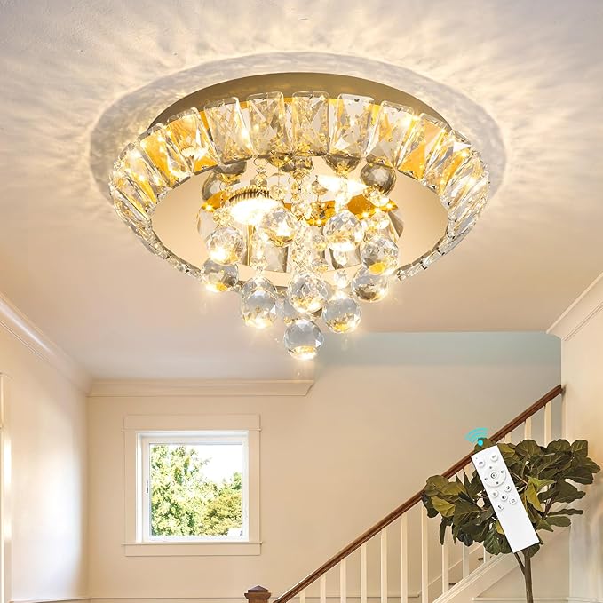 Modern Glam Crystal Chandelier Bedroom Ceiling Lights Chandelier with Dimmable Bulbs Ceiling Lighting Fixture 12 Inches Gold Light
