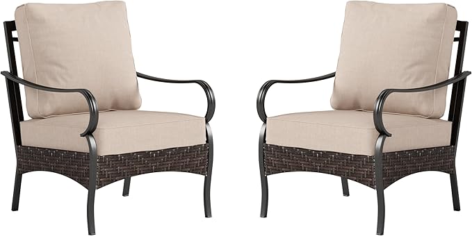 PHI VILLA Outdoor Wicker Chairs Sofa of 2, All Weather High Back Rattan Chairs 2 Seats with Comfy Cushions for Porch Deck, Beige
