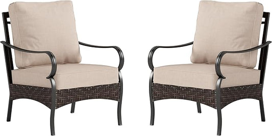 PHI VILLA Outdoor Wicker Chairs Sofa of 2, All Weather High Back Rattan Chairs 2 Seats with Comfy Cushions for Porch Deck, Beige