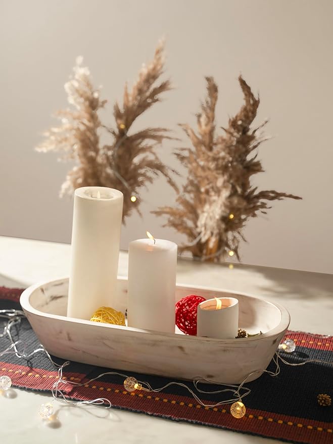 Luxe Designs Wooden Dough Bowl - Rustic White Acacia Wood - Handmade Decorative Bowls for Home Decor, Bathroom, Kitchen Counter, & More - Rustic Large Wood Dough Bowl for Decor, Cosmetics, and Keys