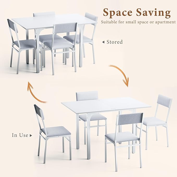 Dining Table Set for 4, Extendable Kitchen Table Cushion Chairs Set of 4, Rectangle Dining Table with Metal Frame & MDF Board, Folding for Small Apartment Saving Space, White