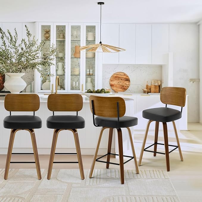 Swivel Counter Height Bar Stools Set of 4, Mid-Century Modern Upholstered Faux Leather Barstools with Wood Back, 26" Seat Height Bar Stools for Kitchen Island, Black Seat and Walnut Frame