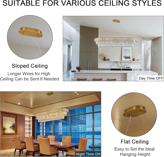 Crystal Chandeliers, 49.2" 18-Light Gold Chandelier for Dining Room, Rectangular Chandelier for Kitchen, Living Room Chandeliers, Island Lights Hanging Lights Dimmable