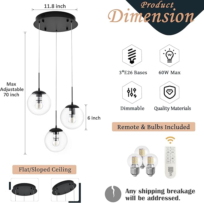 KoKo&Yukina 3-Light Globe Glass Pendant Light Modern Black Clear Globe Glass Chandelier Adjustable Length Pendant Lights Fixtures High Ceiling Light for Kitchen Island Foyer (Bulb & Remote Incl.)