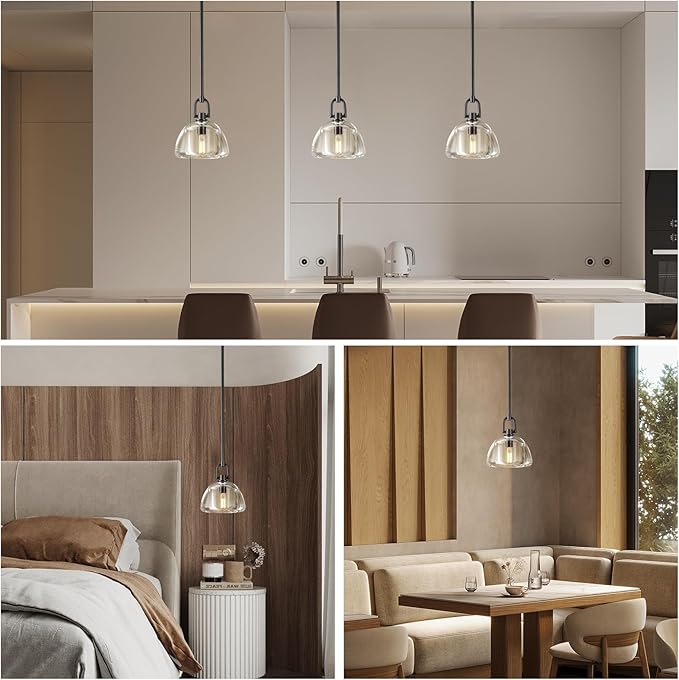 Pendant Light Fixture, 7" Glass Modern Black Pendant Lights Kitchen Island, Hanging Glass Dome Pendant, Black Kitchen Pendant Lighting Over Island, E12 Bulb Included