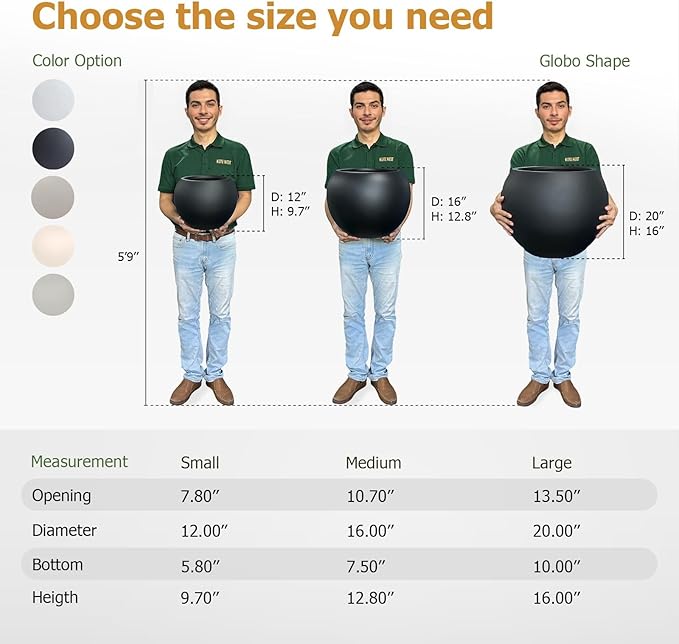 16" H x 20" D Globo Fiberstone Round Planter with Drainage Hole, Weather Resistant, Smooth Finish, Planters for Indoor Plants & Outdoor, 2 Extra Coco Mats (Black, 13.5" Pot Opening)