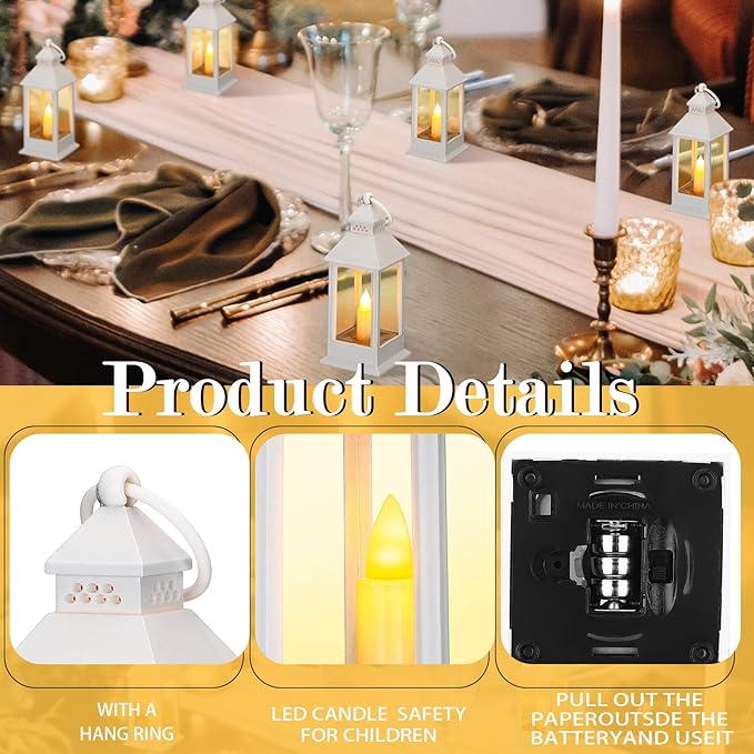 Hoolerry 24 Set Halloween Mini Lanterns with LED Candles 5.5'' Decorative Hanging Small Vintage Lantern Centerpiece Battery Powered for Wedding Table(White)