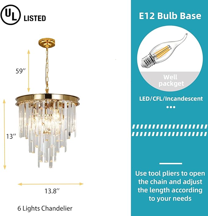 13.8'' Modern Crystal Chandelier, Gold Round Ceiling Light with Clear Prisms, Luxury Flush Mount Lighting Fixture for Dining Room Bedroom Foyer
