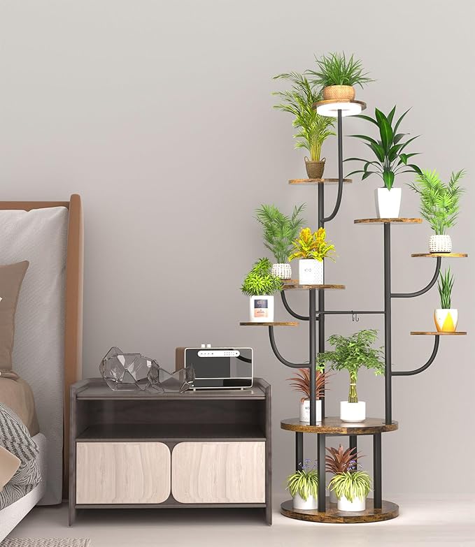 60" Tall Indoor Plant Stand 10 Tiered Adjustable with Grow Light,Metal Rotating Plant Shelf for Multiple Plant Display Indoor, Flower Holder Stand for Living Room,Bedroom,Office,Balcony