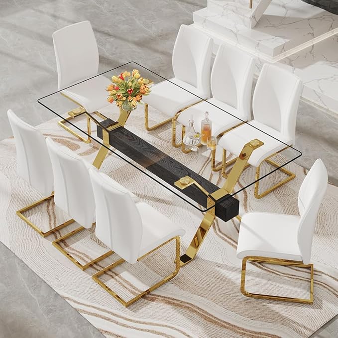 71'' Glass Dining Table Set for 8,9 Piece Dining Table Set with Open‑Frame X‑Shaped Golden Metal Base,Gold Kitchen Table and Chairs Ideal for Dining Room&Home Office