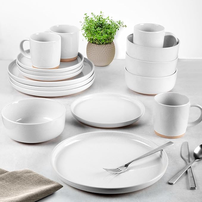 Zulay Kitchen Terra Stoneware Dinnerware Set, Artisanal Ceramic Plates and Bowls Set Crafted at 2300℉ - Service for 4, Speckled White