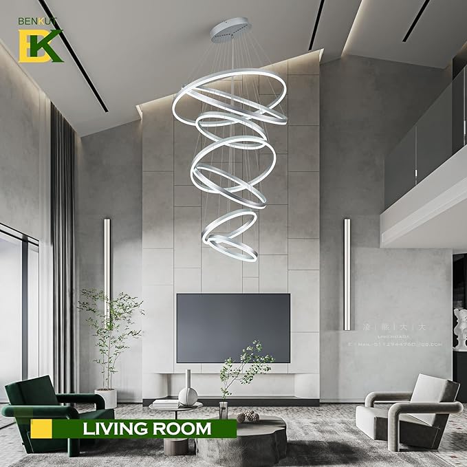 7 Rings Modern LED Chandelier Silver Dimmable Large Foyer Chandeliers Entryway High Ceiling for Staircase, High Ceiling Pendant Lights for Entryway Living Room, 3000K-6500K CCT