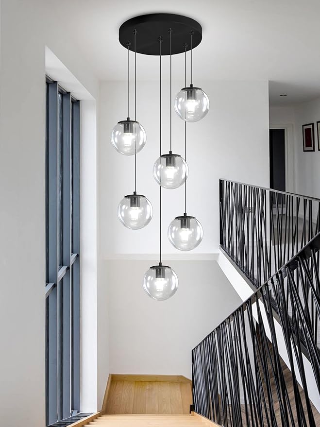 H 87in Modern Glass Globe Chandelier 6-Lights Glass Pendant Light for Staircase Black Globe Chandelier Clear Glass Hanging Lighting for Living Room Bedroom Entryway