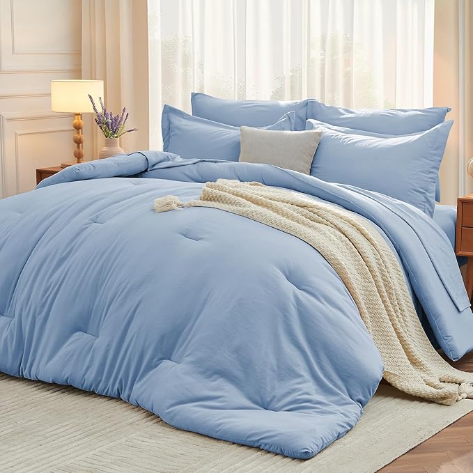 MUXHOMO 5 Pieces Twin Comforter Set, Soft Bed in a Bag Twin Size, All Season Bedding Set with Comforter, Flat Sheet, Fitted Sheet, Pillowcases & Shams, Greyish Blue