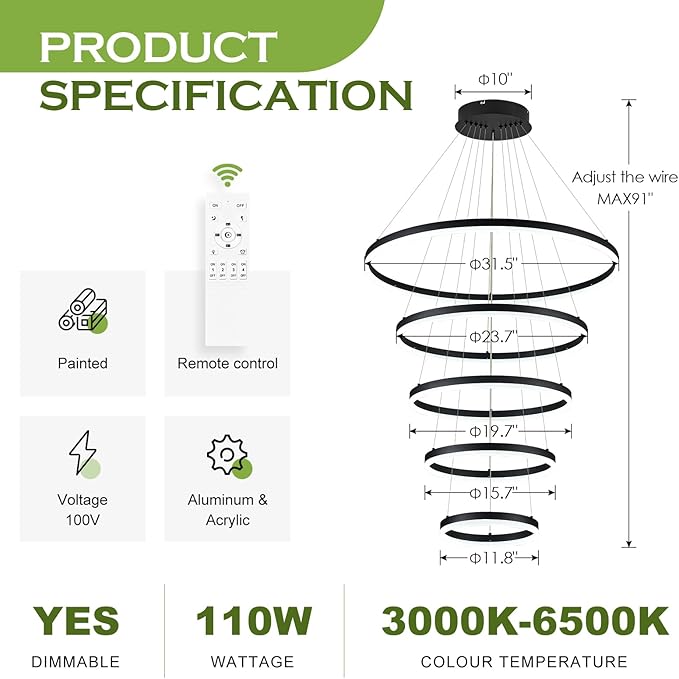 5 Rings D31.5 Modern LED Chandelier Black Large Dimmable Circular High Ceiling Chandeliers with Remote Control for Foyer Dining Room Living Room Staircase Villa, 3000K-6500K CCT