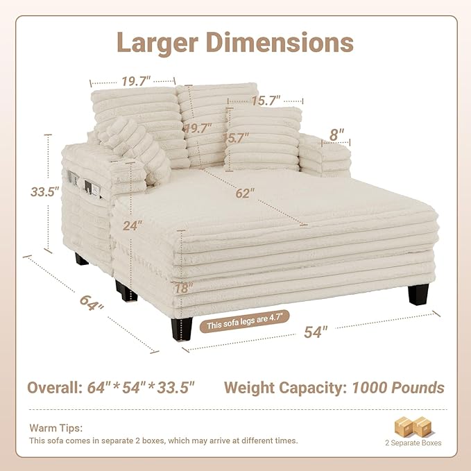 Chaise Lounge Chair Indoor, Amsleekey 64" Oversized Sleeper Chair with Wood Frame, Upholstered Sofa Bed for Living Room, Movie Room, Bedroom with 4 Storage Pockets&2 Cup Holders(Plush Corduroy, Beige)