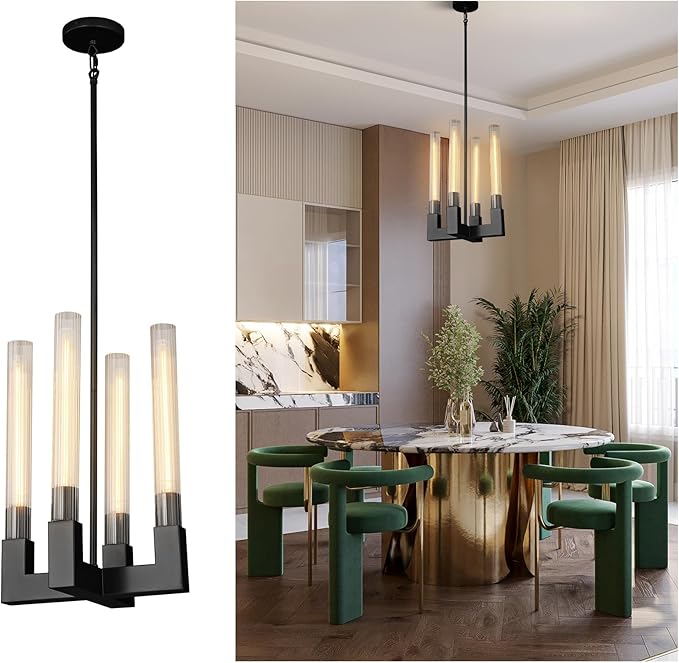 Glass Tube Black Pendant Lights Kitchen Island, Adjustable Cord Modern Pendant Light Fixtures,Kitchen Pendant Lighting Over Island,Indoor Chandeliers for Bedroom, Included Bulb