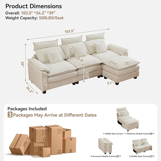 103'' Cloud Modern 3 Seater Couch with Detachable Headrest, Modular Sectional Sofa with Ottoman, Oversized L Shape Chenille Comfy Sofa with Armrests for Living Room, Beige
