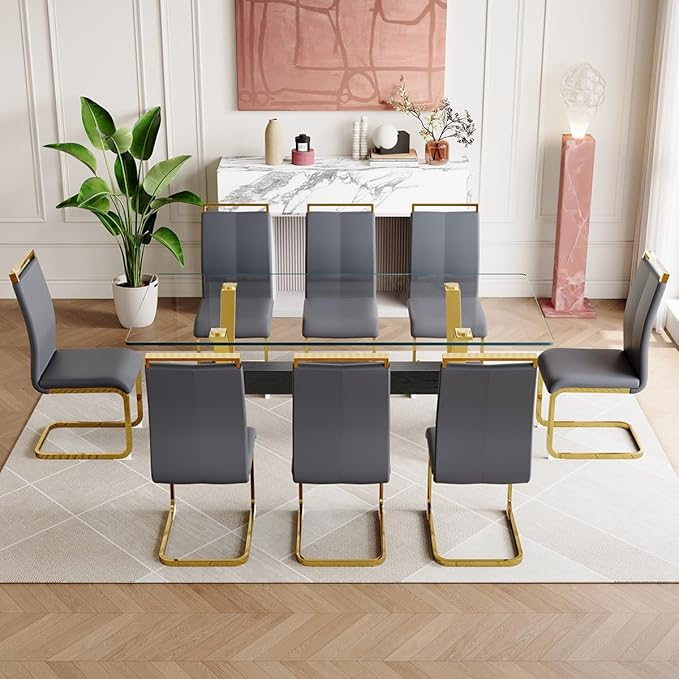 9 Piece Glass Dining Table Set, Kitchen Table Chairs Set for 8, 71'' Dining Table with 0.4" Tempered Glass Tabletop with Plated Metal Legs and MDF Crossbar, 8 PU Chairs for Dining Room, Kitchen.