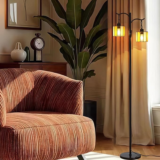 Vintage Dimmable Floor Lamp, Tiffany Standing Lamp with 2 Stained Glass Shades, Rustic Farmhouse Floor Lamp with Black Finish for Living Room Bedroom