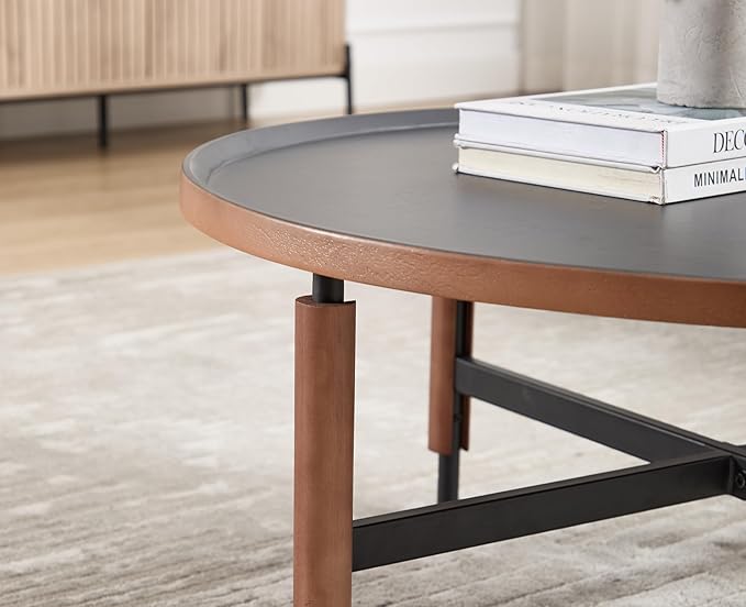 EALSON 31.25" Round Coffee Table Mid Century Modern Coffee Tables with Black Metal Legs/Wooden Top Circle Accent Center Table for Living Room Reception Apartment Office,Walnut