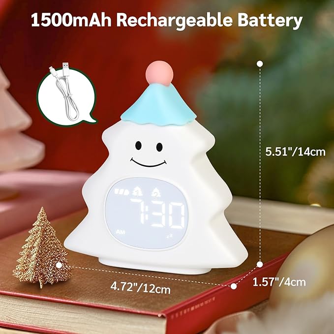 Yiliaw Kids Alarm Clock with Night Light, Christmas Tree Wake Up Clock, Rechargeable Cute Alarm Clock for Bedroom, for Boys and Girls, White