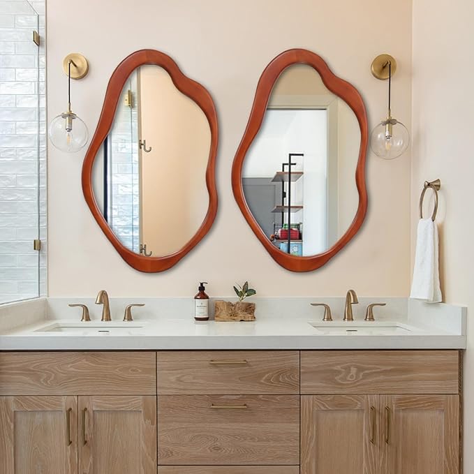 Wavy Mirror with Wood Frame, Modern Decorative Asymmetrical Mirror for Bedroom, Living Room, Entryway (Walnut, 2415)