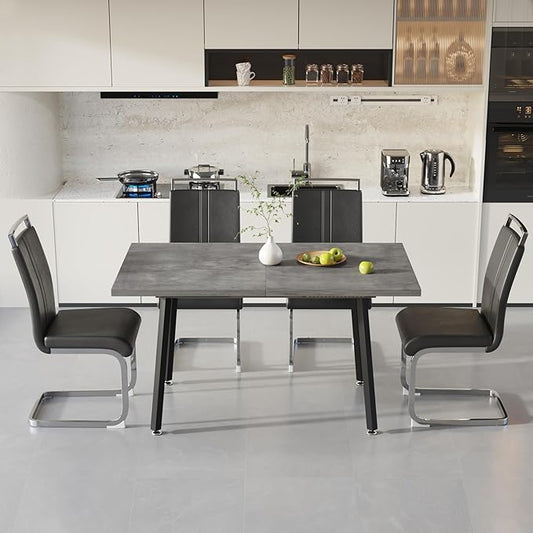 5 Piece Dining Table Set for 4-6,55-71" Extendable Dining Table Set with 4 Upholstered Chairs,Rectangle Kitchen Table Set for Small Space,Dining Room and Office,Grey