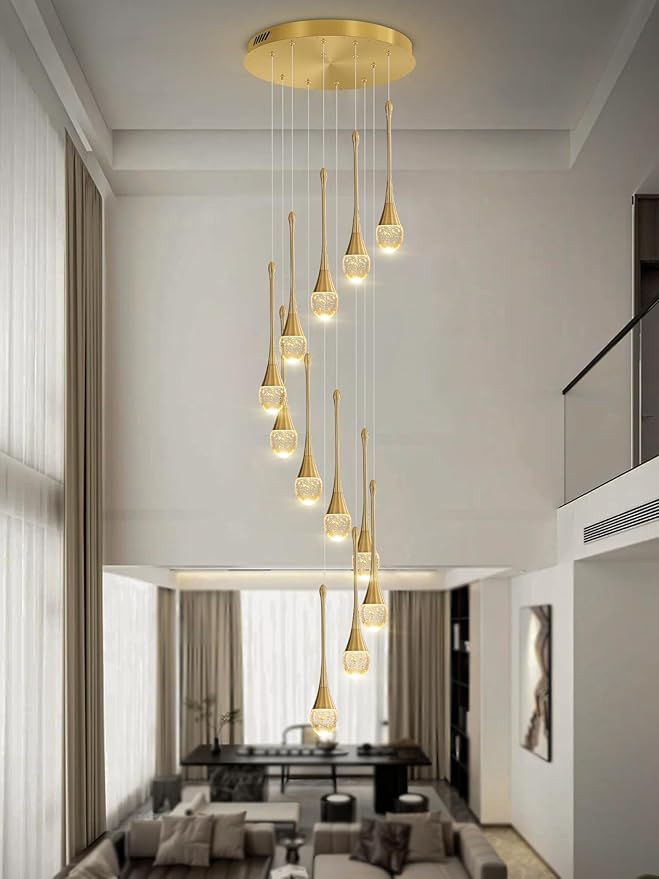 12-Lights Staircase Chandelier Gold Pendant Light Fixture for Sloped High Ceiling Raindrop Chandelier for Living Room Foyer Hallway Villa