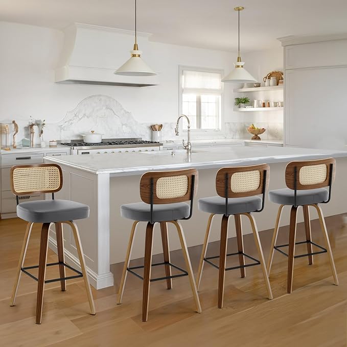 Swivel Bar Stools Set of 4, Upholstered Faux Leather Barstools with Rattan Back, 29" Seat Height Bar Chairs for Kitchen Island, Bentwood Wood Frame, Grey