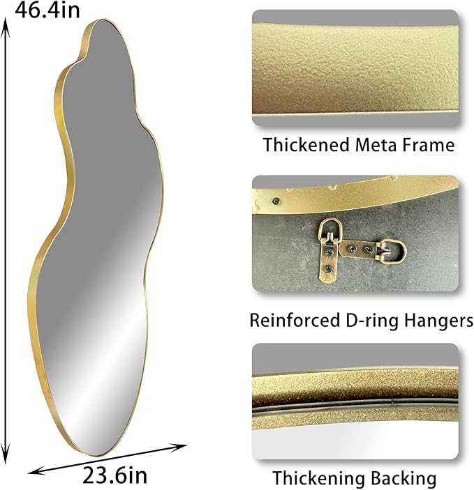 Gold Irregular Mirror, 23.6"x46.5" Asymmetrical Wall Mirror, Large Waved Mirrors with Metal Frame, Cloud Shaped Mirrors for Living Room Bathroom Bedroom Hallway Entryway Fireplace