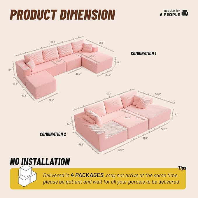 138" Boneless Couch with Deep Seat, Modular Sectional Sofa, Cloud Sectional Couch for Living Room, No Assembly Required, Corduroy, U-Shape 4 Seater Right, Pink