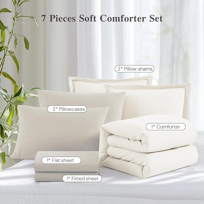 WRENSONGE Full Size Comforter Set- 7 Pieces White Bed in a Bag Full Size Comforter with Fitted Sheet, Flat Sheet, 2 Pillow Shams, 2 Pillowcases, Warm Bedding Sets for All Season