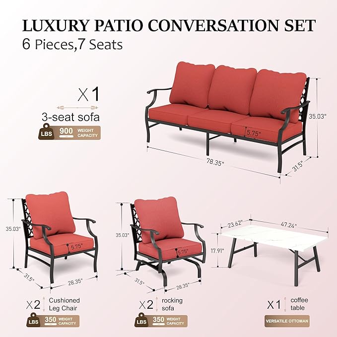HERA'S HOUSE 6 Piece Patio Furniture Set, 2 x Rocking Chair, 2 x Fixed Chair, 1 x 3-Seat Sofa with Marbling Coffee Table, Outdoor Conversation Set for Lawn Garden Backyard, Red
