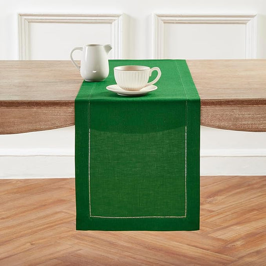 Solino Home Linen Garden Green Table Runner 90 Inches Long - 100% Pure Linen Hemstitch 14 x 90 Inch Table Runner for Dining, Christmas - Classic Hemstitch